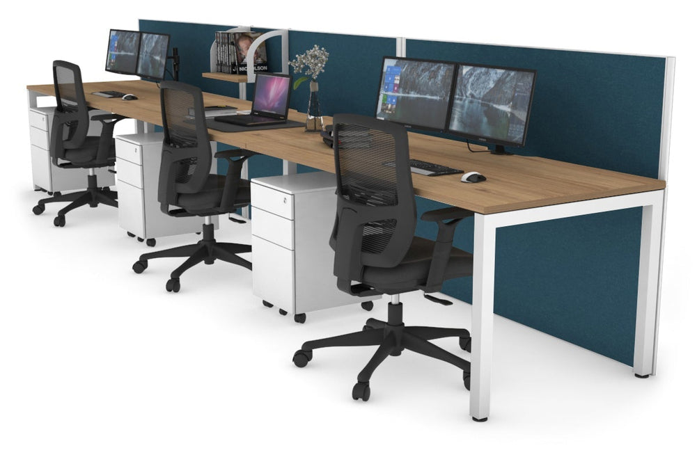 Horizon Quadro 3 Person Run Square Legs Office Workstation [1200L x 800W with Cable Scallop]-white leg salvage oak deep blue (1200H x 3600W)
