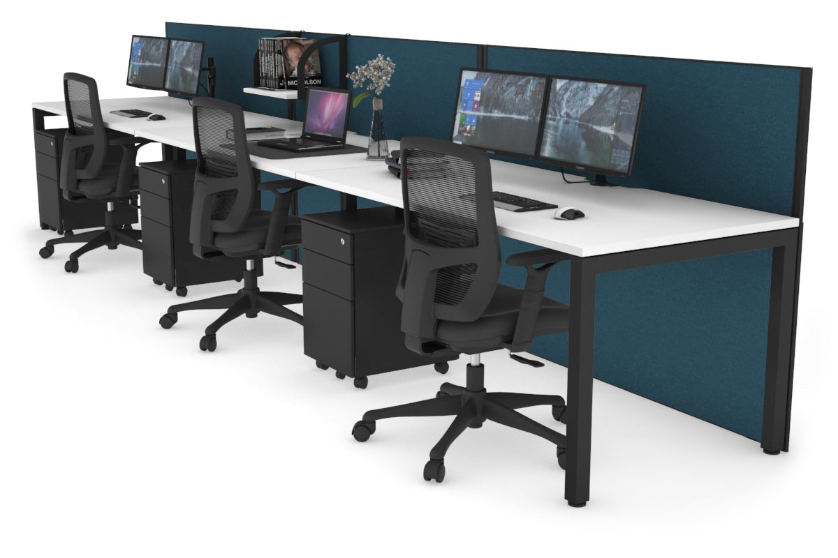 Horizon Quadro 3 Person Run Square Leg Office Workstations [1200L x 800W with Cable Scallop] Jasonl black leg white deep blue (1200H x 3600W)