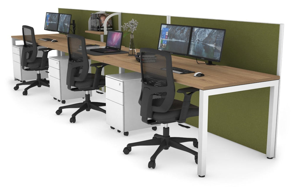 Horizon Quadro 3 Person Run Square Legs Office Workstation [1200L x 800W with Cable Scallop]-white leg salvage oak green moss (1200H x 3600W)