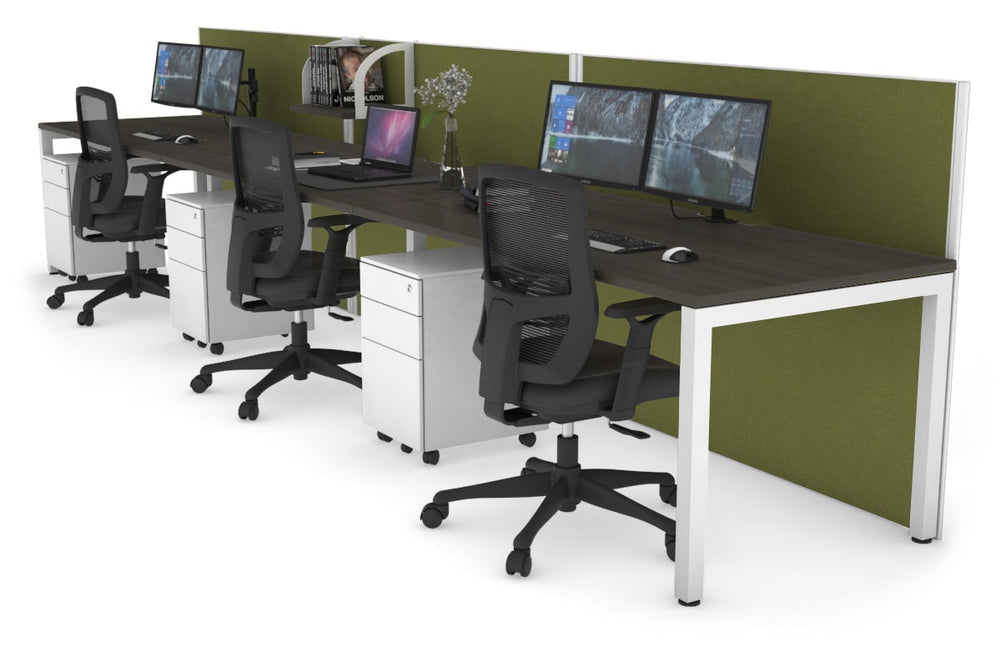 Horizon Quadro 3 Person Run Square Legs Office Workstation [1200L x 800W with Cable Scallop]-white leg dark oak green moss (1200H x 3600W)