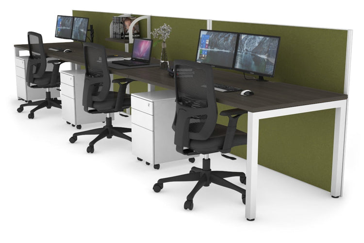 Horizon Quadro 3 Person Run Square Leg Office Workstations [1200L x 800W with Cable Scallop] Jasonl white leg dark oak green moss (1200H x 3600W)