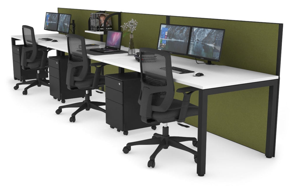 Horizon Quadro 3 Person Run Square Legs Office Workstation [1200L x 800W with Cable Scallop]-black leg white green moss (1200H x 3600W)