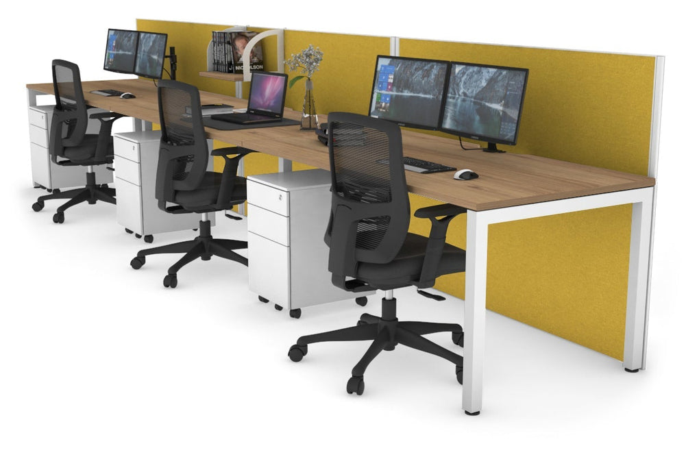 Horizon Quadro 3 Person Run Square Legs Office Workstation [1200L x 800W with Cable Scallop]-white leg salvage oak mustard yellow (1200H x 3600W)