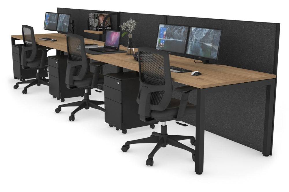 Horizon Quadro 3 Person Run Square Legs Office Workstation [1200L x 800W with Cable Scallop]-black leg salvage oak moody charcoal (1200H x 3600W)