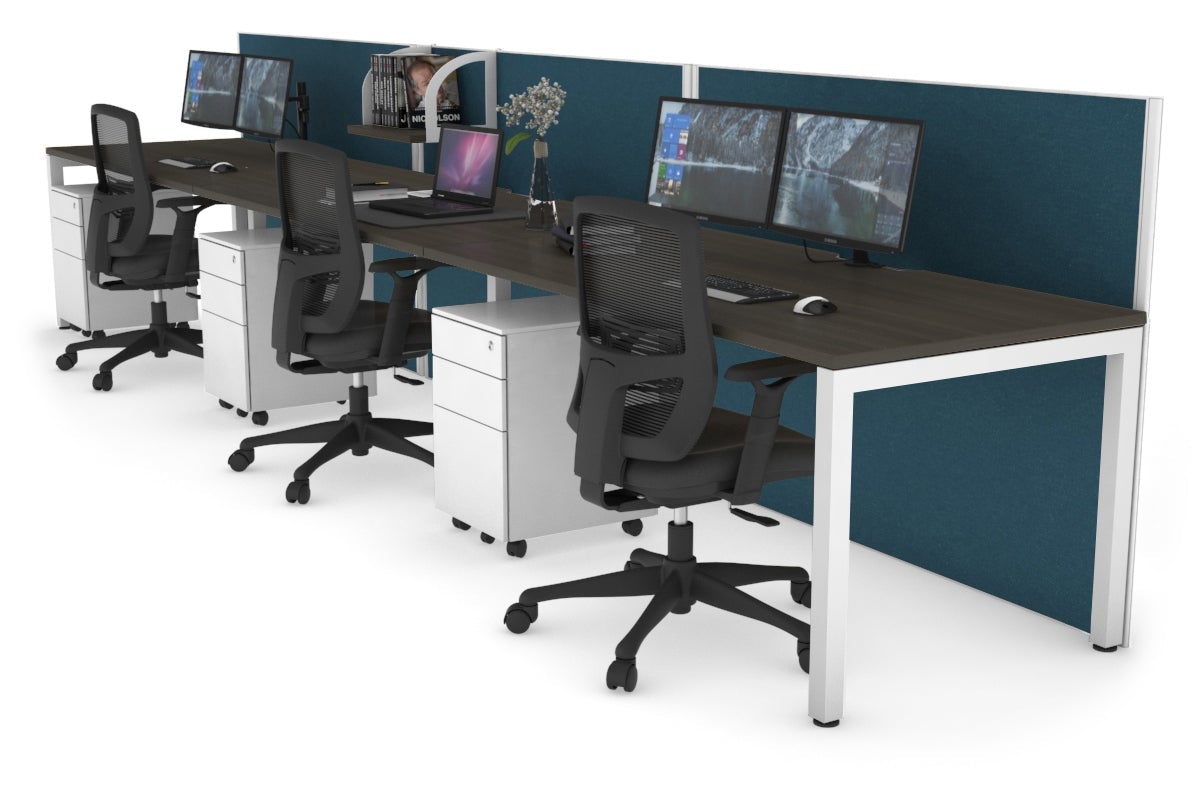 Horizon Quadro 3 Person Run Square Leg Office Workstations [1200L x 800W with Cable Scallop] Jasonl white leg dark oak deep blue (1200H x 3600W)