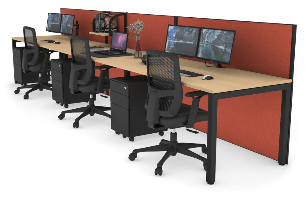 Horizon Quadro 3 Person Run Square Legs Office Workstation [1200L x 800W with Cable Scallop]-black leg maple orange squash (1200H x 3600W)