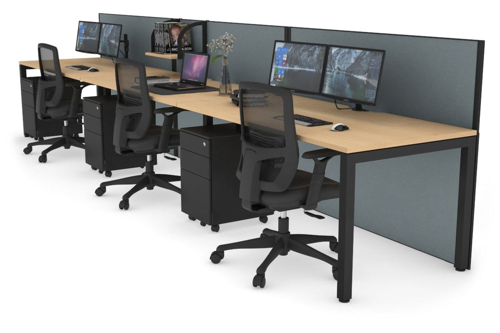 Horizon Quadro 3 Person Run Square Legs Office Workstation [1200L x 800W with Cable Scallop]-black leg maple cool grey (1200H x 3600W)