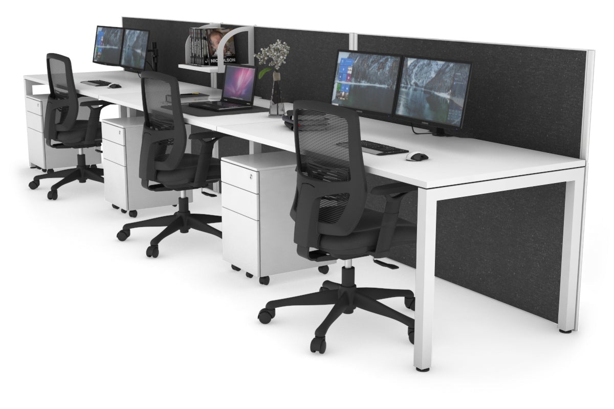 Horizon Quadro 3 Person Run Square Leg Office Workstations [1200L x 800W with Cable Scallop] Jasonl white leg white moody charcoal (1200H x 3600W)