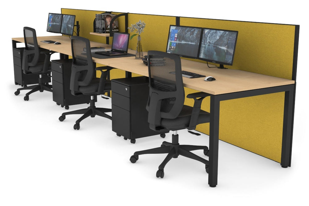 Horizon Quadro 3 Person Run Square Legs Office Workstation [1200L x 800W with Cable Scallop]-black leg maple mustard yellow (1200H x 3600W)