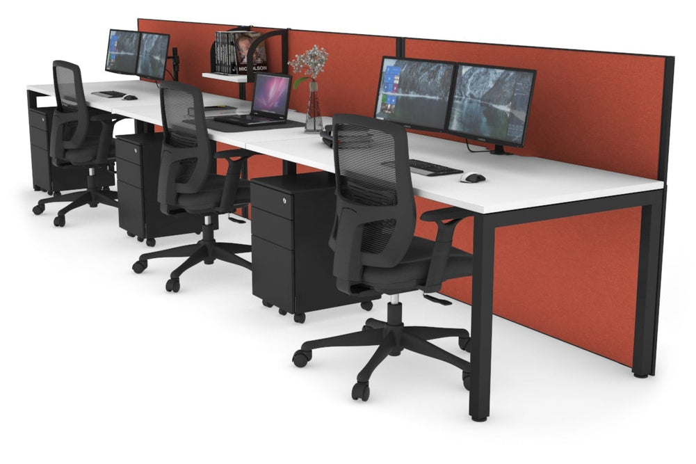 Horizon Quadro 3 Person Run Square Legs Office Workstation [1200L x 800W with Cable Scallop]-black leg white orange squash (1200H x 3600W)