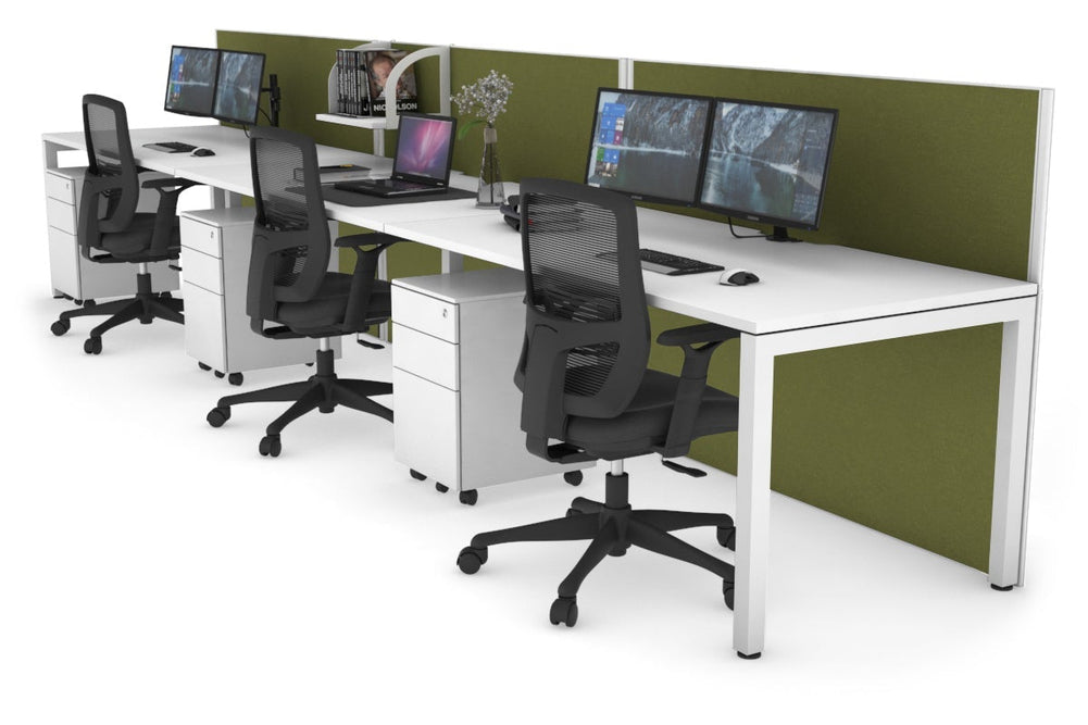 Horizon Quadro 3 Person Run Square Legs Office Workstation [1200L x 800W with Cable Scallop]-white leg white green moss (1200H x 3600W)