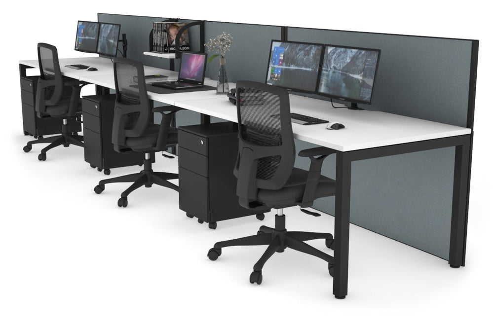 Horizon Quadro 3 Person Run Square Legs Office Workstation [1200L x 800W with Cable Scallop]-black leg white cool grey (1200H x 3600W)