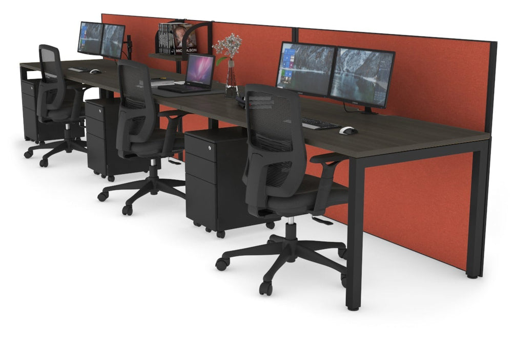 Horizon Quadro 3 Person Run Square Legs Office Workstation [1200L x 800W with Cable Scallop]-black leg dark oak orange squash (1200H x 3600W)