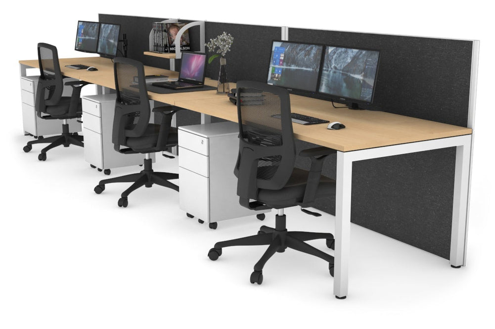 Horizon Quadro 3 Person Run Square Legs Office Workstation [1200L x 800W with Cable Scallop]-white leg maple moody charcoal (1200H x 3600W)