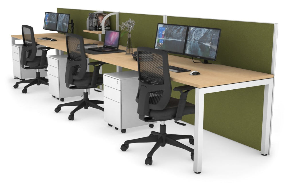 Horizon Quadro 3 Person Run Square Legs Office Workstation [1200L x 800W with Cable Scallop]-white leg maple green moss (1200H x 3600W)