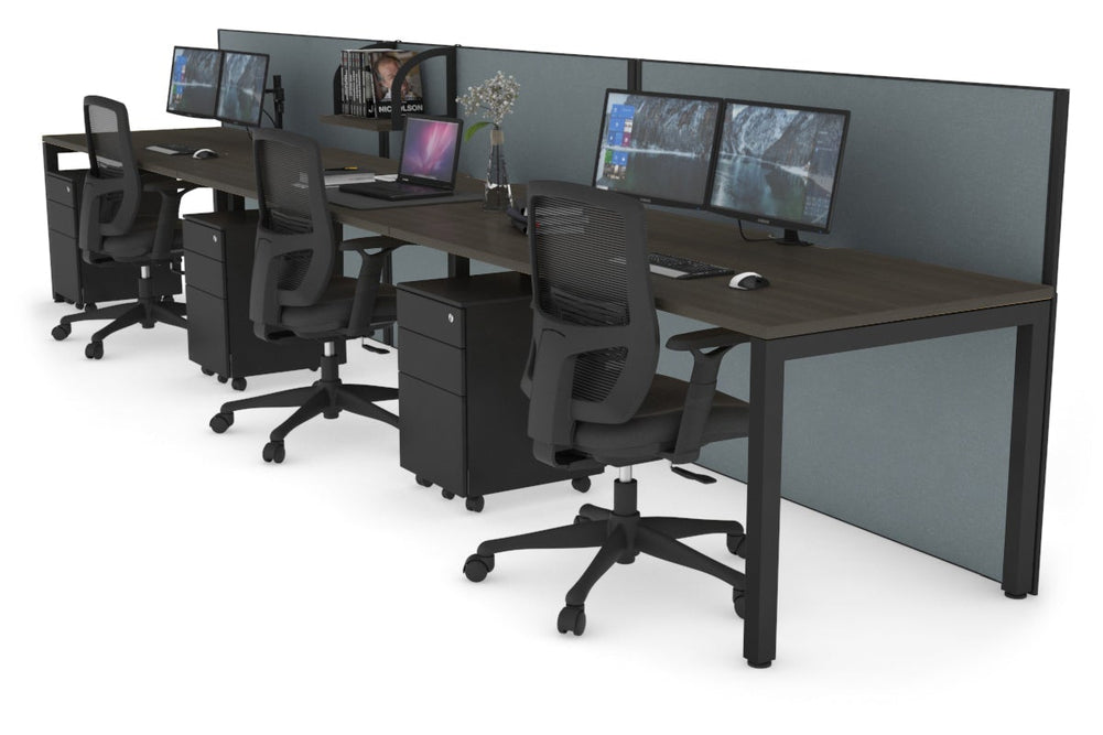 Horizon Quadro 3 Person Run Square Legs Office Workstation [1200L x 800W with Cable Scallop]-black leg dark oak cool grey (1200H x 3600W)