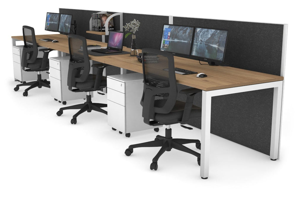 Horizon Quadro 3 Person Run Square Legs Office Workstation [1200L x 800W with Cable Scallop]-white leg salvage oak moody charcoal (1200H x 3600W)