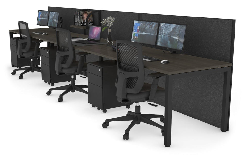Horizon Quadro 3 Person Run Square Legs Office Workstation [1200L x 800W with Cable Scallop]-black leg dark oak moody charcoal (1200H x 3600W)