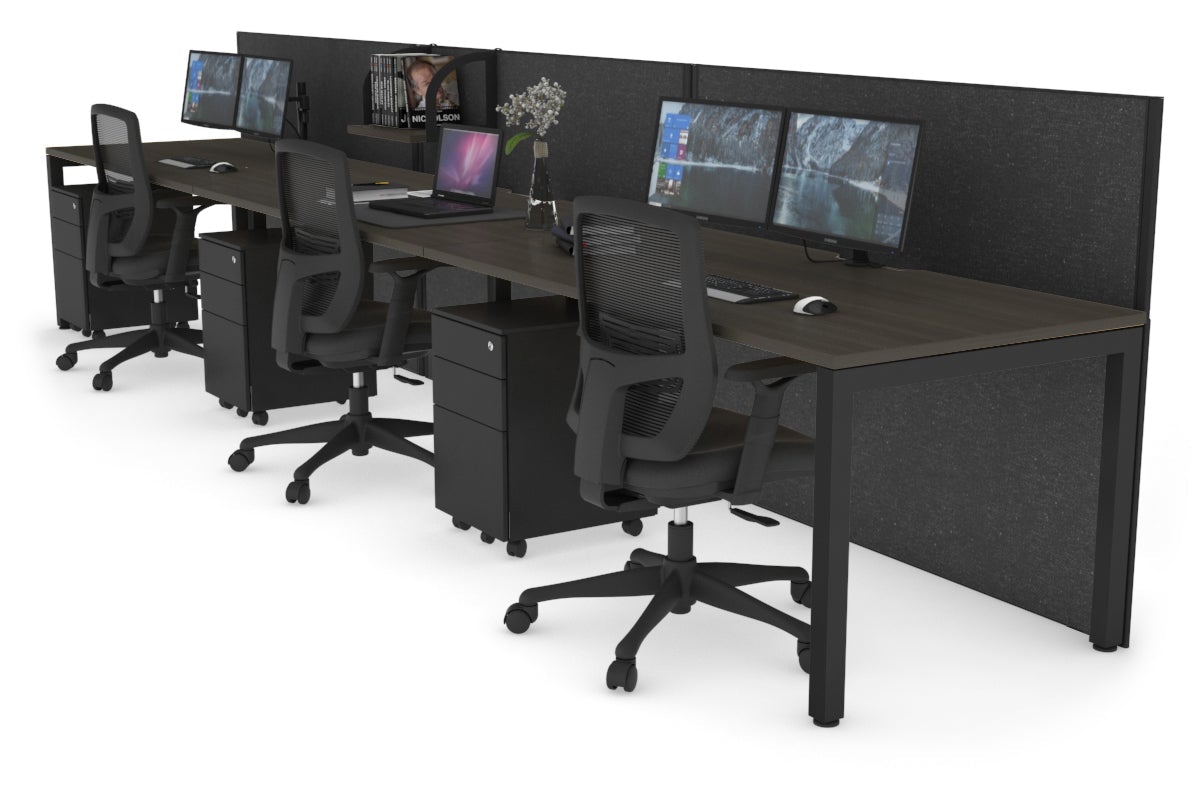 Horizon Quadro 3 Person Run Square Leg Office Workstations [1200L x 800W with Cable Scallop] Jasonl black leg dark oak moody charcoal (1200H x 3600W)