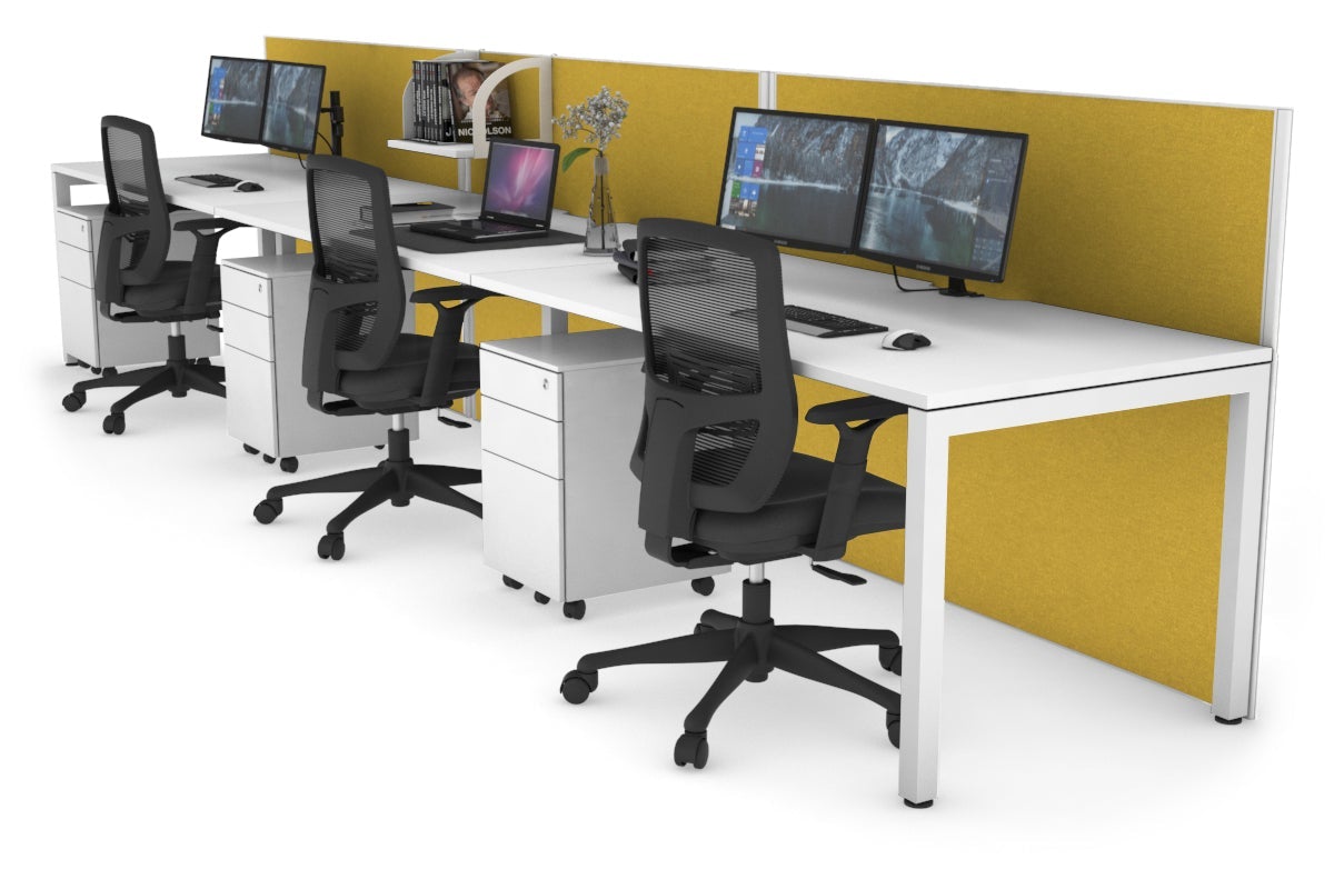 Horizon Quadro 3 Person Run Square Leg Office Workstations [1200L x 800W with Cable Scallop] Jasonl white leg white mustard yellow (1200H x 3600W)