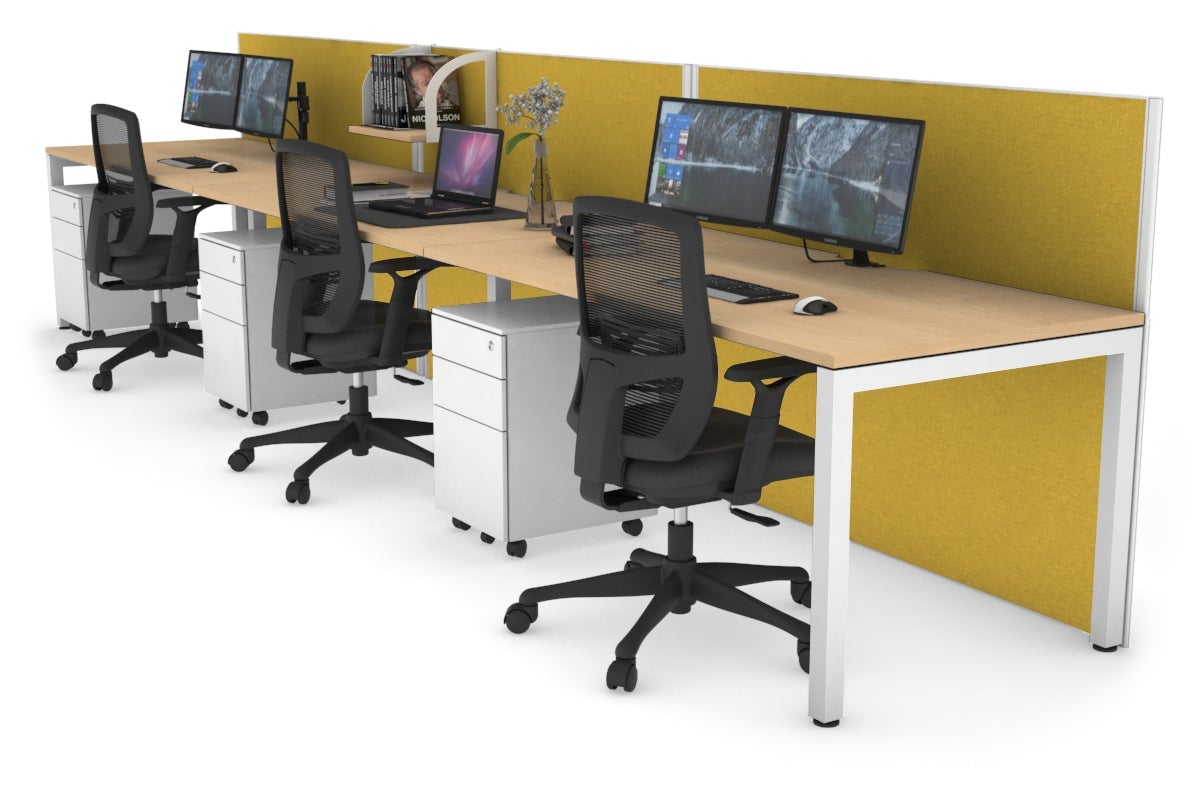 Horizon Quadro 3 Person Run Square Leg Office Workstations [1200L x 800W with Cable Scallop] Jasonl white leg maple mustard yellow (1200H x 3600W)