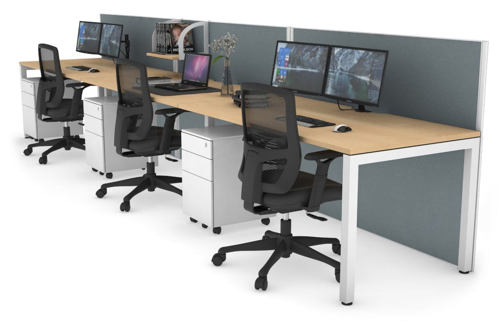 Horizon Quadro 3 Person Run Square Legs Office Workstation [1200L x 800W with Cable Scallop]-white leg maple cool grey (1200H x 3600W)