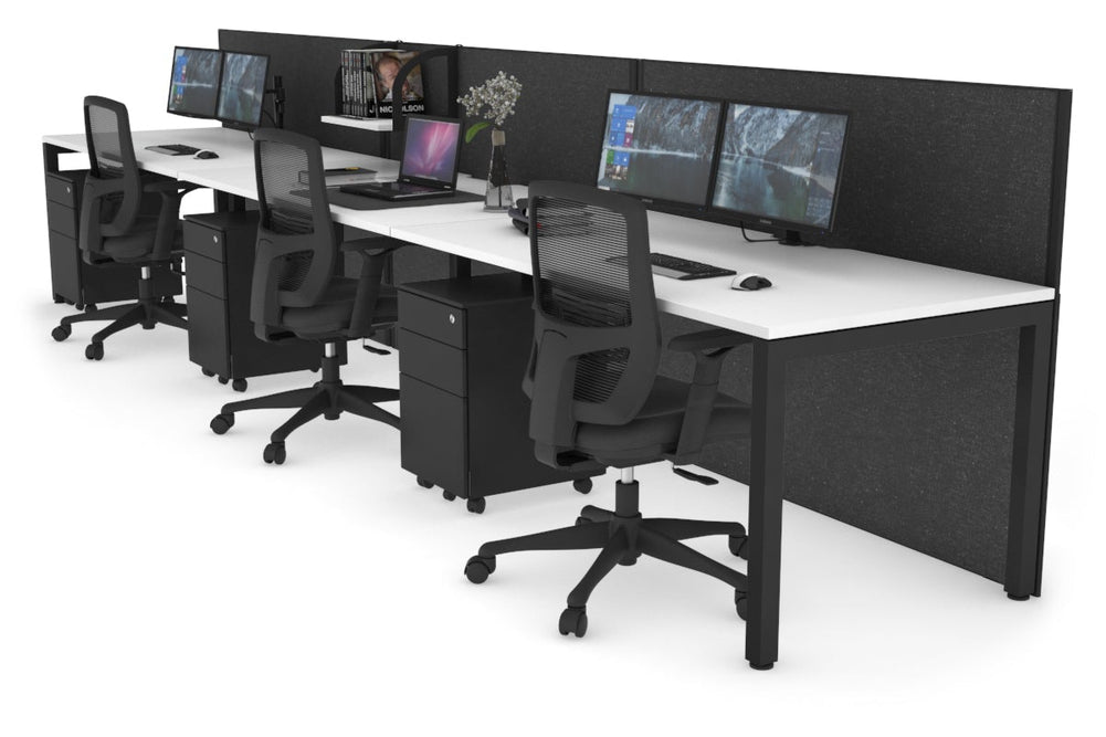 Horizon Quadro 3 Person Run Square Legs Office Workstation [1200L x 800W with Cable Scallop]-black leg white moody charcoal (1200H x 3600W)