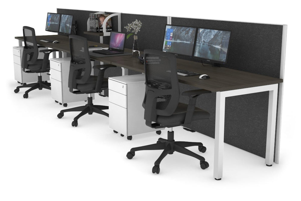 Horizon Quadro 3 Person Run Square Legs Office Workstation [1400L x 700W]-white leg dark oak moody charcoal (1200H x 4200W)