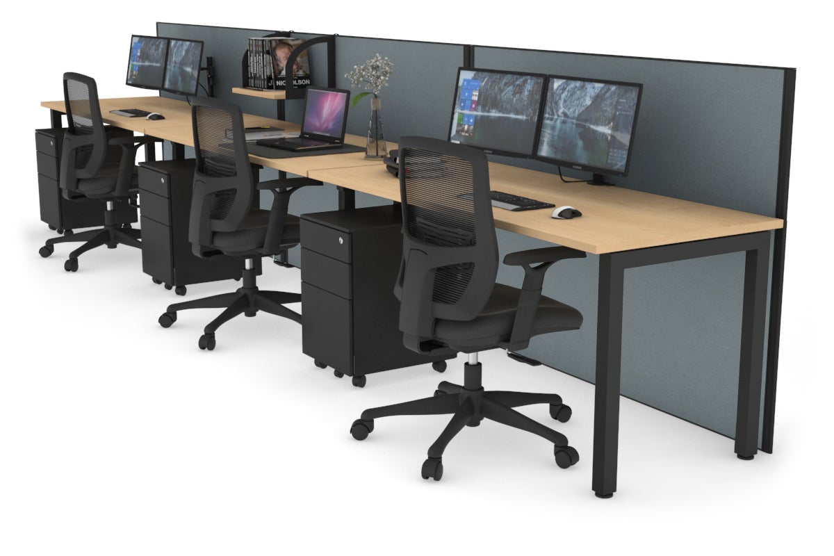 Horizon Quadro 3 Person Run Square Leg Office Workstations [1400L x 700W] Jasonl black leg maple cool grey (1200H x 4200W)