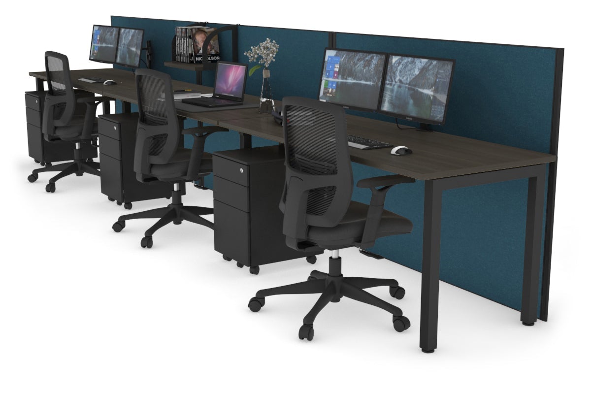 Horizon Quadro 3 Person Run Square Leg Office Workstations [1400L x 700W] Jasonl black leg dark oak deep blue (1200H x 4200W)