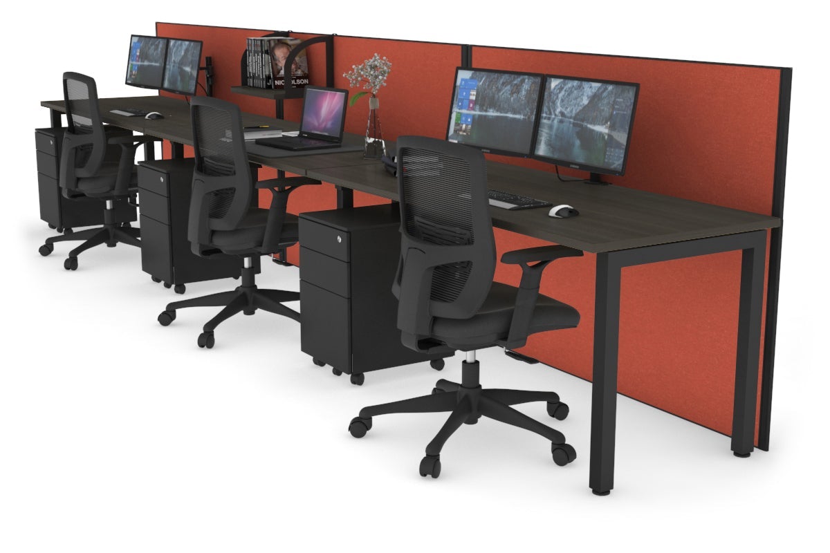 Horizon Quadro 3 Person Run Square Leg Office Workstations [1400L x 700W] Jasonl black leg dark oak orange squash (1200H x 4200W)