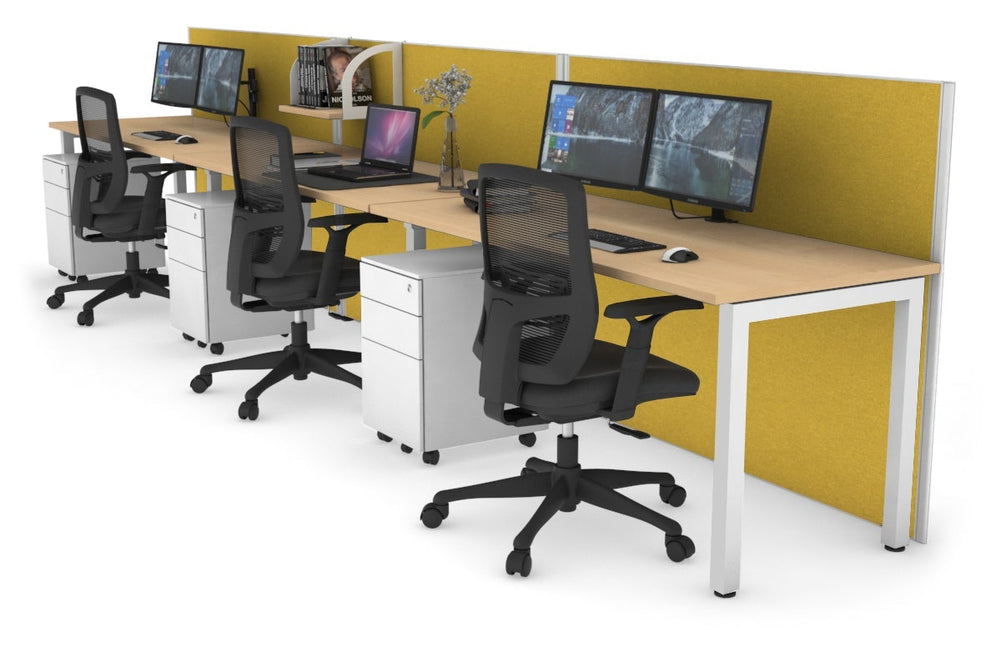 Horizon Quadro 3 Person Run Square Legs Office Workstation [1400L x 700W]-white leg maple mustard yellow (1200H x 4200W)