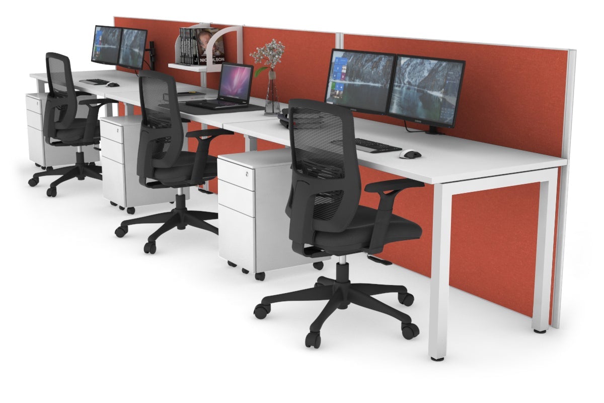 Horizon Quadro 3 Person Run Square Leg Office Workstations [1400L x 700W] Jasonl white leg white orange squash (1200H x 4200W)