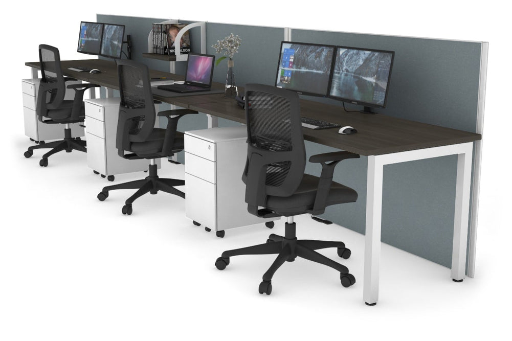 Horizon Quadro 3 Person Run Square Legs Office Workstation [1400L x 700W]-white leg dark oak cool grey (1200H x 4200W)