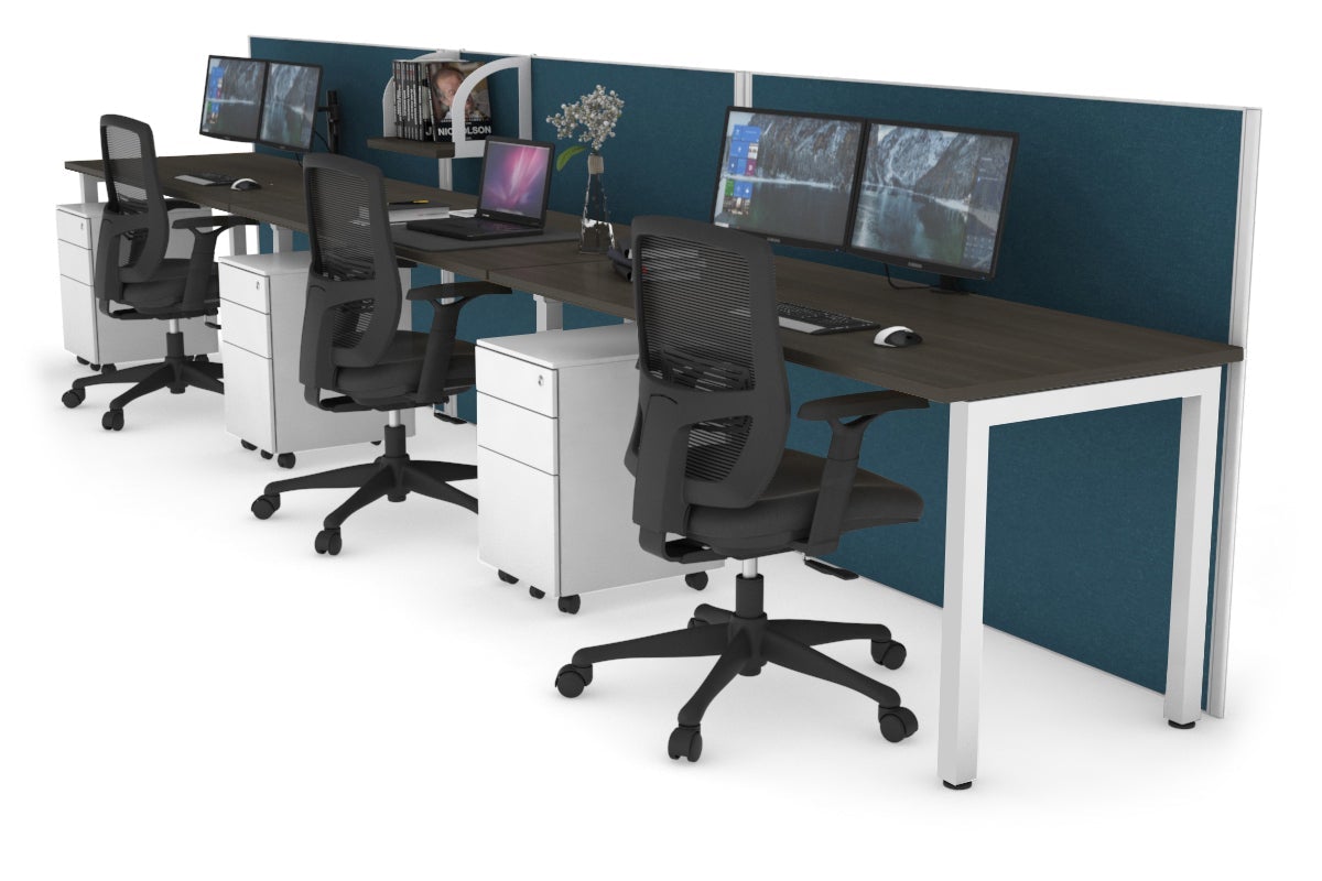 Horizon Quadro 3 Person Run Square Leg Office Workstations [1400L x 700W] Jasonl white leg dark oak deep blue (1200H x 4200W)