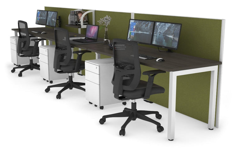 Horizon Quadro 3 Person Run Square Leg Office Workstations [1400L x 700W] Jasonl white leg dark oak green moss (1200H x 4200W)