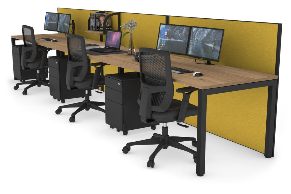 Horizon Quadro 3 Person Run Square Legs Office Workstation [1400L x 800W with Cable Scallop]-black leg salvage oak mustard yellow (1200H x 4200W)