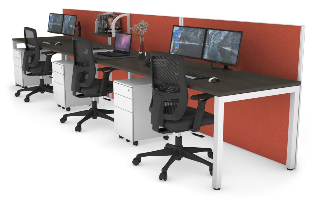 Horizon Quadro 3 Person Run Square Legs Office Workstation [1400L x 800W with Cable Scallop]-white leg dark oak orange squash (1200H x 4200W)