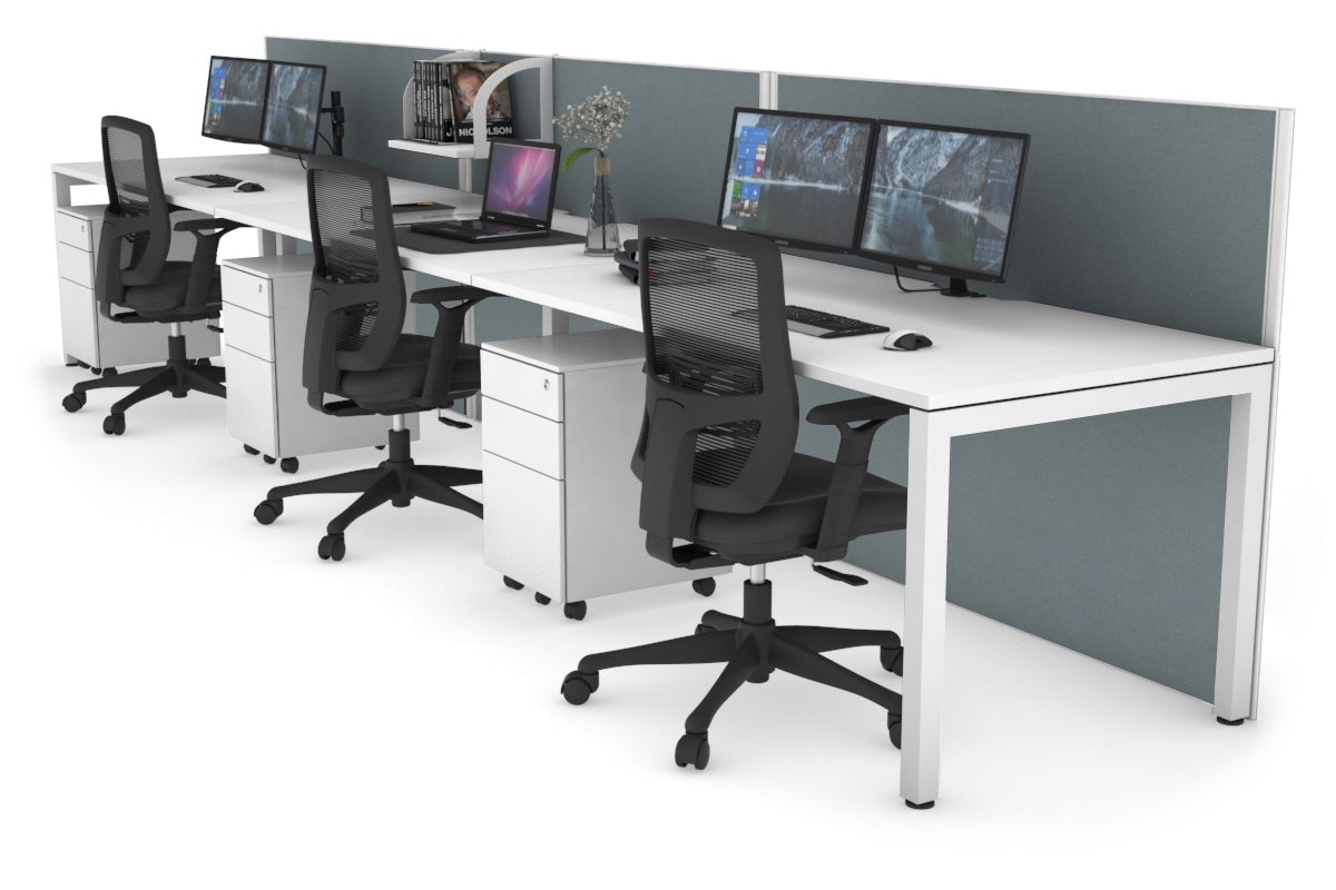 Horizon Quadro 3 Person Run Square Leg Office Workstations [1400L x 800W with Cable Scallop] Jasonl white leg white cool grey (1200H x 4200W)
