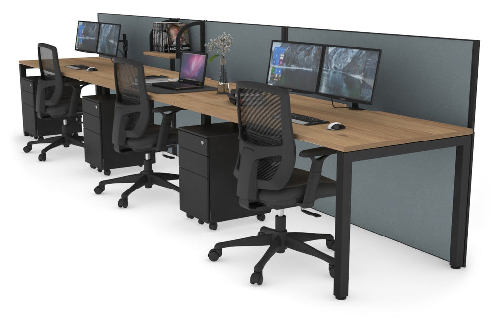 Horizon Quadro 3 Person Run Square Legs Office Workstation [1400L x 800W with Cable Scallop]-black leg salvage oak cool grey (1200H x 4200W)