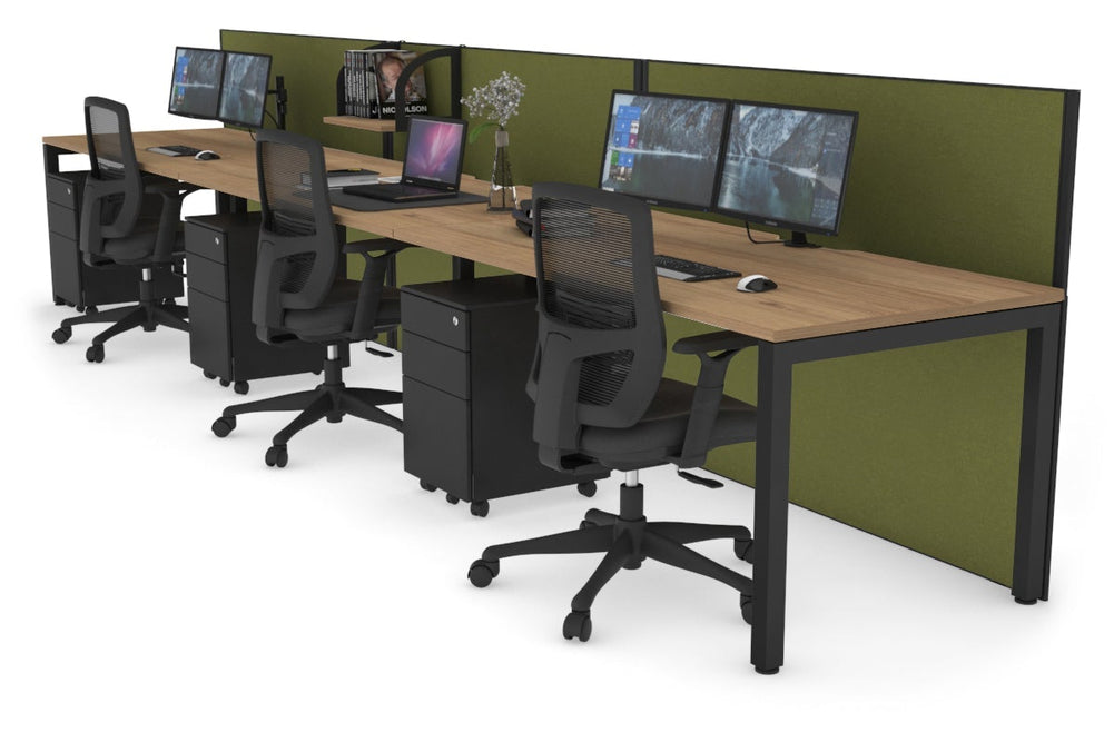 Horizon Quadro 3 Person Run Square Legs Office Workstation [1400L x 800W with Cable Scallop]-black leg salvage oak green moss (1200H x 4200W)