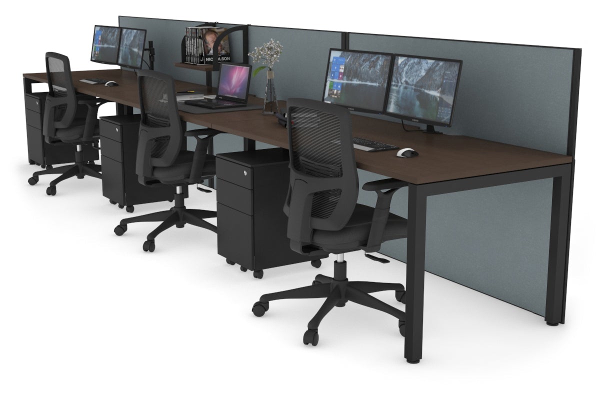 Horizon Quadro 3 Person Run Square Leg Office Workstations [1400L x 800W with Cable Scallop] Jasonl black leg wenge cool grey (1200H x 4200W)