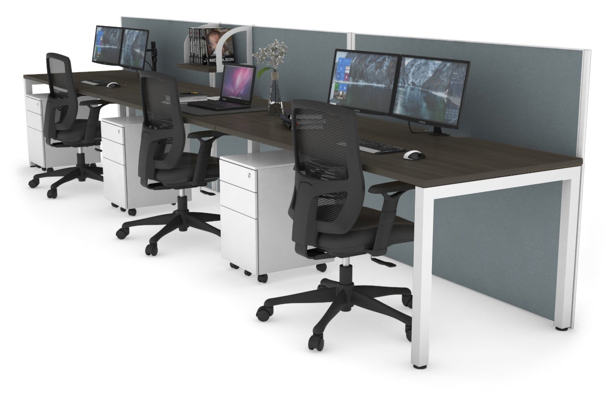Horizon Quadro 3 Person Run Square Leg Office Workstations [1400L x 800W with Cable Scallop] Jasonl white leg dark oak cool grey (1200H x 4200W)