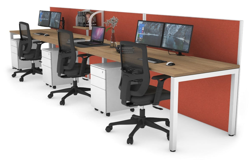 Horizon Quadro 3 Person Run Square Legs Office Workstation [1400L x 800W with Cable Scallop]-white leg salvage oak orange squash (1200H x 4200W)