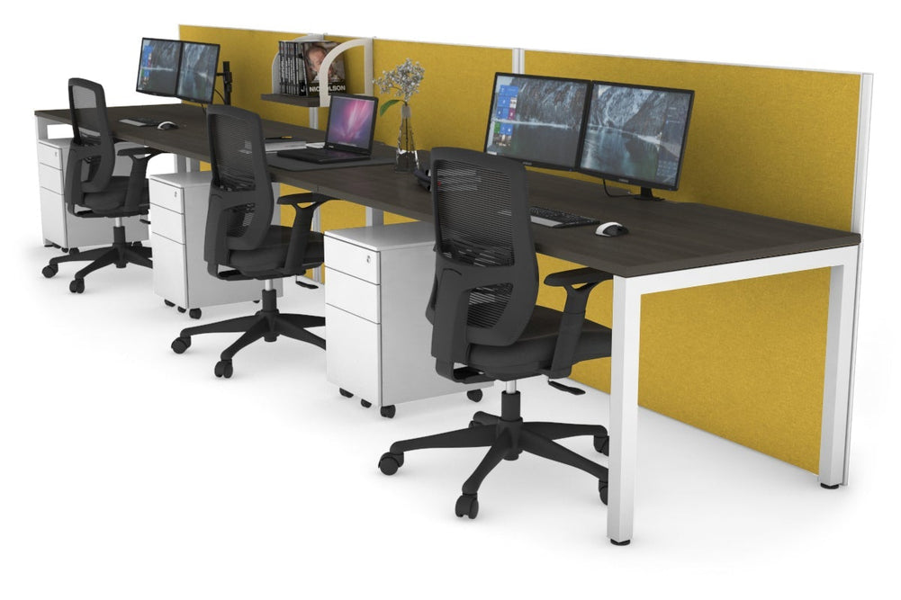 Horizon Quadro 3 Person Run Square Legs Office Workstation [1400L x 800W with Cable Scallop]-white leg dark oak mustard yellow (1200H x 4200W)