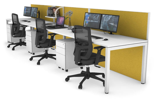 Horizon Quadro 3 Person Run Square Leg Office Workstations [1400L x 800W with Cable Scallop] Jasonl white leg white mustard yellow (1200H x 4200W)