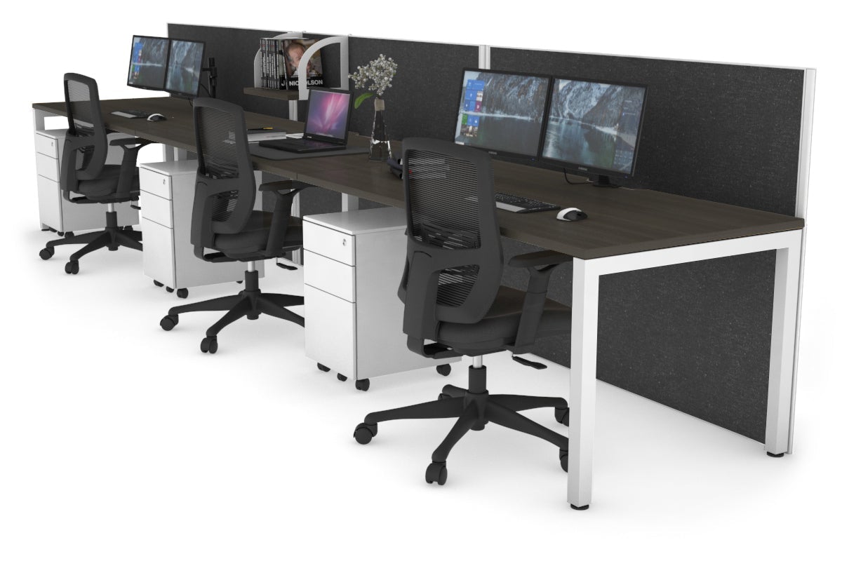 Horizon Quadro 3 Person Run Square Leg Office Workstations [1400L x 800W with Cable Scallop] Jasonl white leg dark oak moody charcoal (1200H x 4200W)