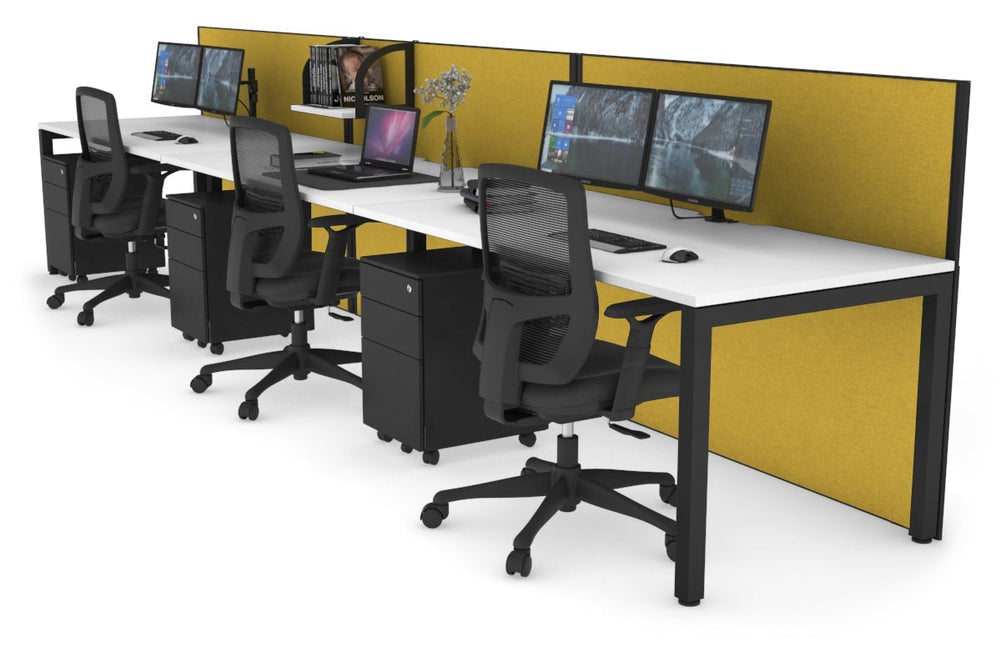 Horizon Quadro 3 Person Run Square Legs Office Workstation [1400L x 800W with Cable Scallop]-black leg white mustard yellow (1200H x 4200W)