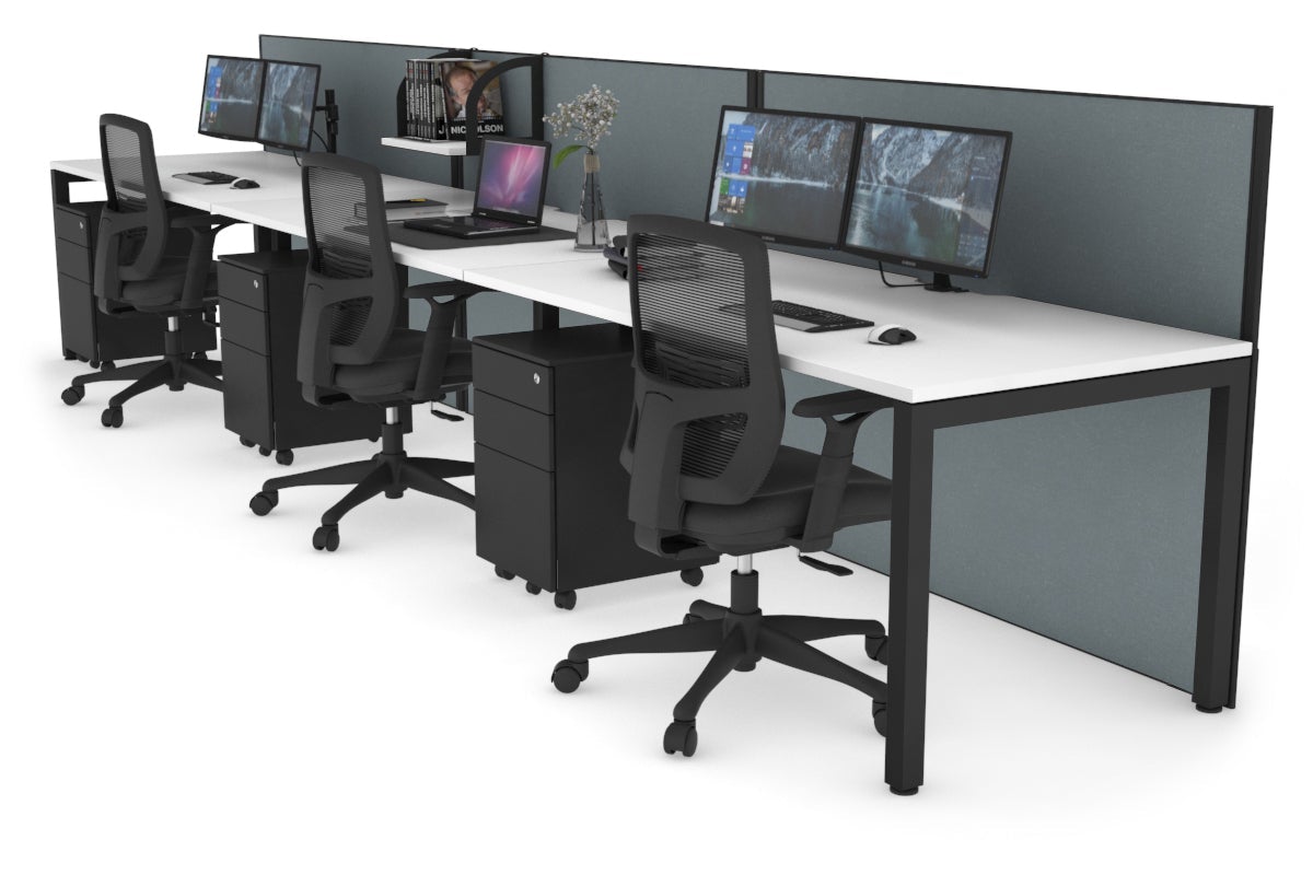 Horizon Quadro 3 Person Run Square Leg Office Workstations [1400L x 800W with Cable Scallop] Jasonl black leg white cool grey (1200H x 4200W)