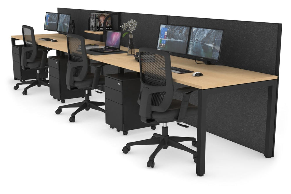 Horizon Quadro 3 Person Run Square Legs Office Workstation [1400L x 800W with Cable Scallop]-black leg maple moody charcoal (1200H x 4200W)